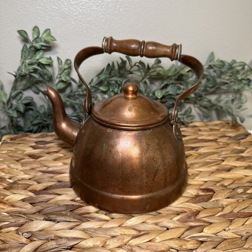 B&M Portugal Copper Tea Kettle Wood Handle Lidded Tin Lined 7” Farmhouse Vtg